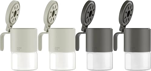 Zuutii Tarros de especias de vidrio a prueba de humedad con cucharas, juego de 4 botellas de especias de 10 oz/10.1 fl oz, mini tarros de