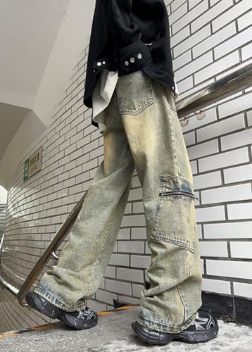 Casual Jeans for Men Trendy Straight Wide Leg High Waist Streetwear Cleanfit Denim Cargo Pants4