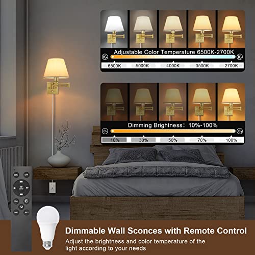 Image of TRLIFE Dimmable Wall Sconce, Remote Control Dimming 10-100% and Adjustable Color Temperature 2700K-6500K Brushed Brass Swing Arm Wall Lights with Plug in Cord, 9.4 inch Medium White Shade(2 Pack, 2 Bulbs)