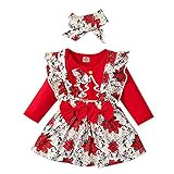 Geagodelia Baby My First Christmas Anzug, langärmeliger Jumpsuit mit Buchstabendruck + Schleife Hosenträgerrock + Stirnbandanzug (Rot, 3-6 Months)