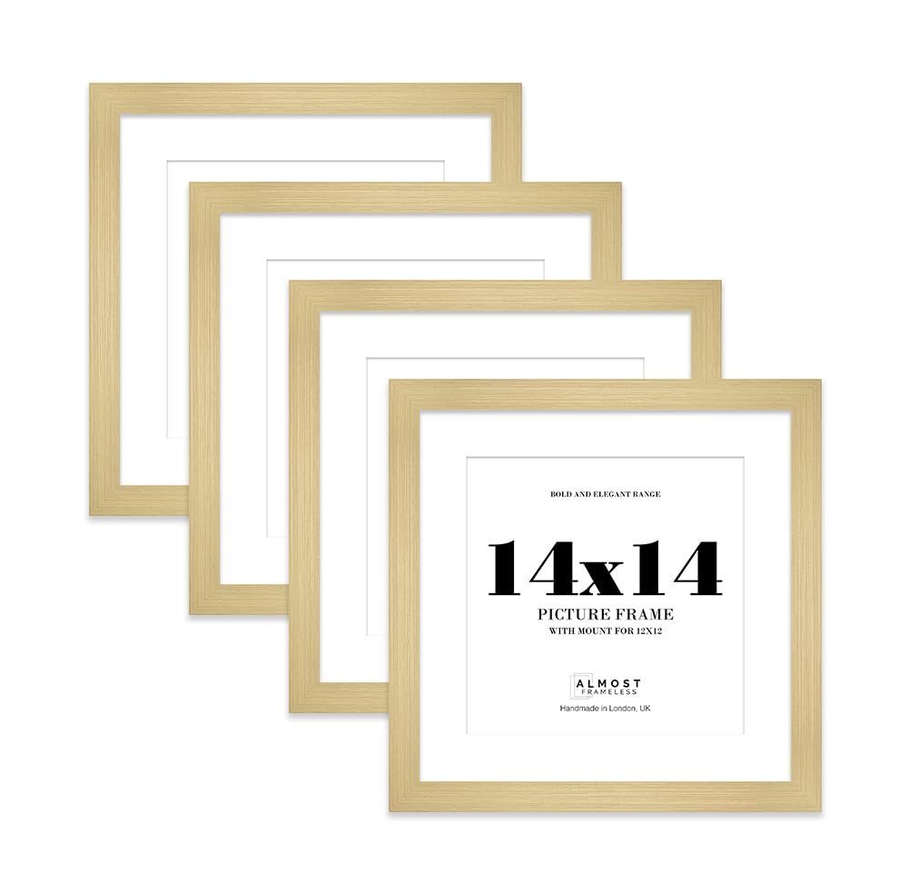 14x14" Gold Square Frame With Mount for 12x12" Pictures 28mm Edge Frame Display with Wall Hooks, 4 Pack
