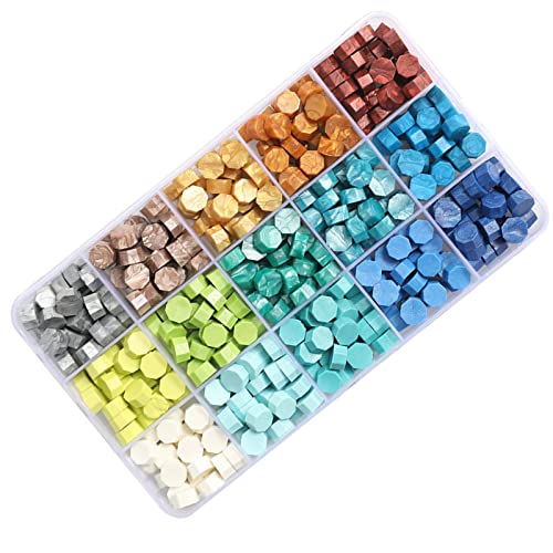Perles de Cire à Cacheter 375 Pièces,15 Couleurs Sceaux de Cire Octogonaux pour Rétro Cachetage de Timbres,Enveloppes, Invitations de Mariage,Emballage de Cadeaux (Série bleu-vert) Cover