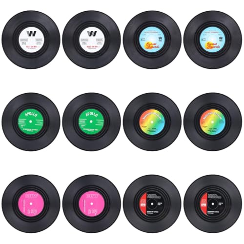 KEESIN Retro Vinyl Untersetzer,12 Stück Vinyl Schallplatten Untersetzer Getränke Untersetzer für Tassen Tisch Bar Glas Gläser Tippe A