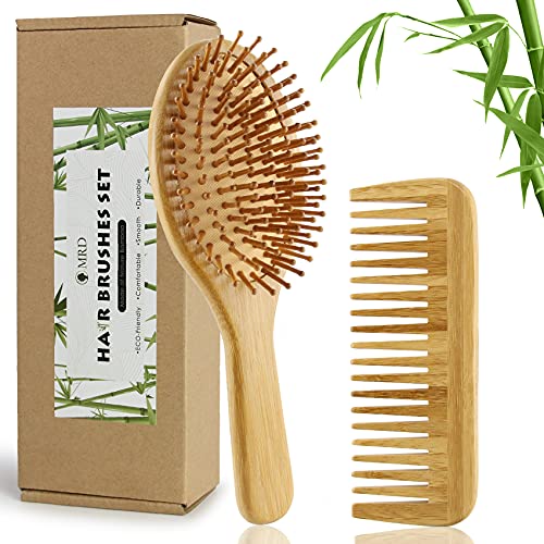 Bamboo Paddle Hair Brush and Comb Set Natural Eco-Friendly No Wooden Hairbrush Reduce Frizz and Massage Scalp Thin Long Curly MRD For Women Men and Kids