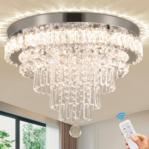 CLAIRDAI Dimmable Crystal Chandeliers Modern Chandeliers LED Flush Mount Crystal Ceiling Light with Remote Control Chandelier with 5 Tier Crystal Drops for Hallway Bedroom Dining Room Living Room by CLAIRDAI - Used condition - US$106.08
