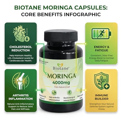 Image of Biotane Moringa 4000mg Capsules | Only 1 Capsule a Day | Natural Multi-Vitamin Supplement | Manufactured in technical collaboration with Vitane Pharma, USA I Pack of 60 Veg Capsules