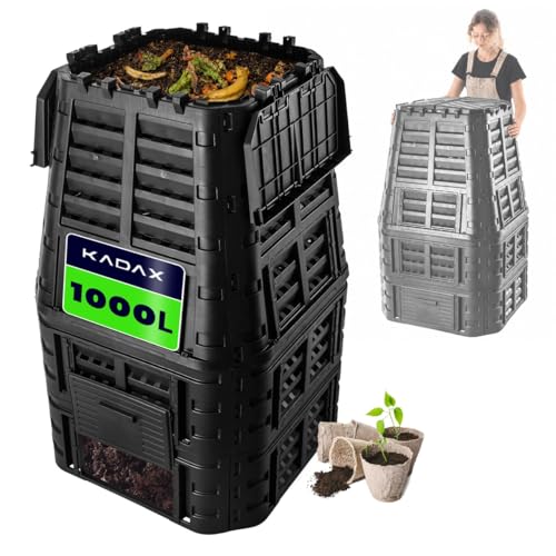 KADAX Composteur de Jardin 1000L, Une Solution Écologique et Pratique pour Transformer Vos Déchets Organiques en Engrais Nature, Bac à Compost (Noir)