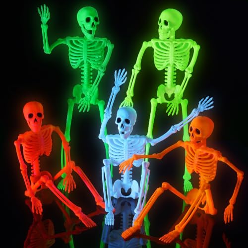 Image of JOYIN 5 PCS 16 inch Blacklight Reactive Halloween Skeleton, Small Skeleton Decor, Full Body Posable Joint Hanging Skeleton for Halloween Decoration, Graveyard Prop, Haunted House, Spooky Scene Party Favor