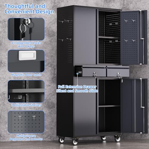 Image of 71 inch Rolling Metal Garage Cabinet with 2 Drawers and Pegboard Doors