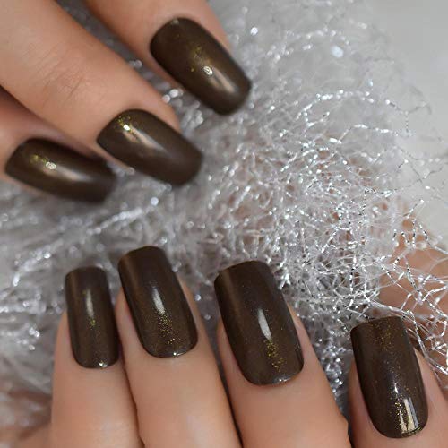 TJJF Falsche Nägel Glänzende Faux Ongles Braun Mittellang Quadratisches UV-Gel Abs Falsche Nägel Mit Schimmer Innen 24… – Bild 4