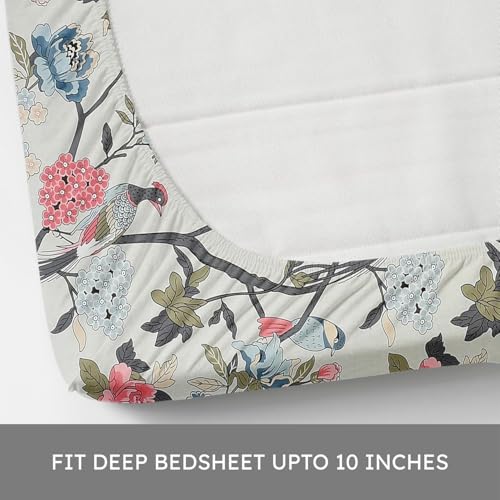 Image of Blue Strip Polycotton Fitted Bedsheet, King 72x78 (Cream Bird) | 300 TC | All-Round Elastic Grip | Soft, Breathable & Colourfast | Wrinkle Resistant | Machine Washable