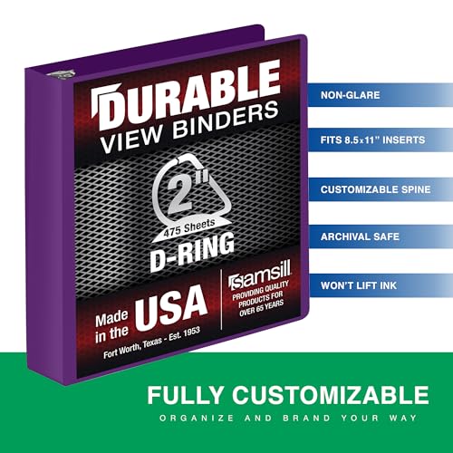 Image of Samsill Durable 2 Inch Binder, D Ring Binder, Customizable Clear View Cover, Plum Purple, Holds 475 Pages