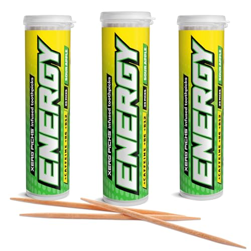 Image of Xero Picks Energy Caffeine Flavored Toothpicks B12 for Focus & B6, 60 Picks (Pack of 3) (Sour Apple) Sugar-Free Alternative to Energy Mints & Gum - Kosher