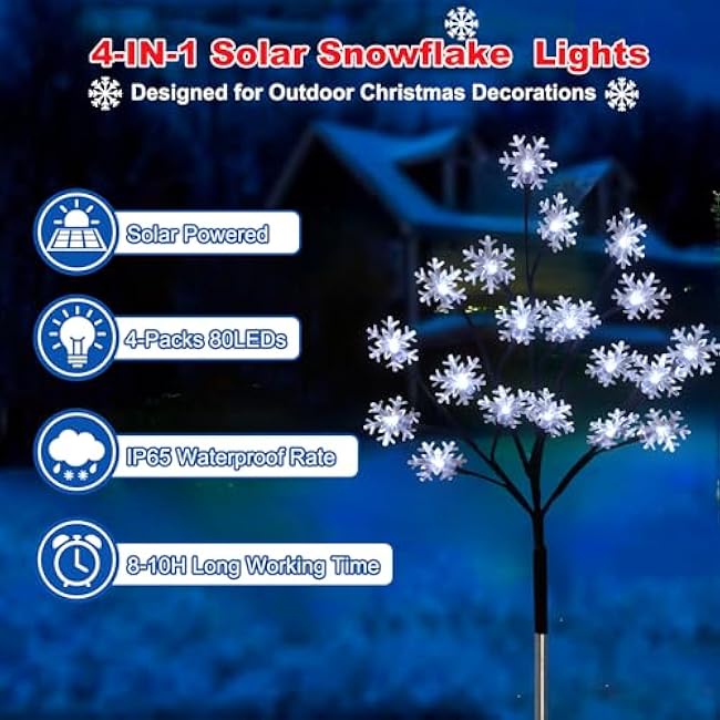4-Pack 80LED Solar Snowflake Stake Lights - 8 Modes, Waterproof Outdoor Christmas Decorations for Garden, Yard, Pathway, Walkway