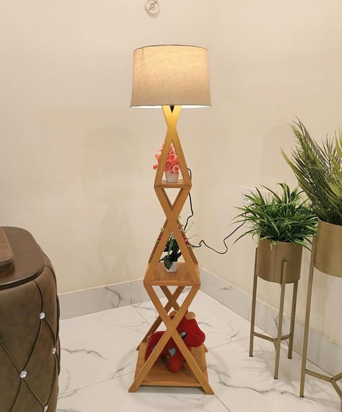 Wooden Italian Wooden Crafter Standard Size Floor Lamp New Cross Design with Khadi Lamp Shade, Bulb and Holder, Pack of 1