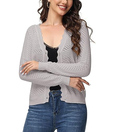Image of Womens Cropped Cardigan Long Sleeve Button Down V Neck Sweater Open Front Lightweight Shrug for Dresses Tops