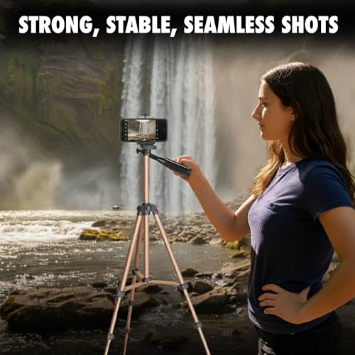 Image of Kratos 2026 Aluminum Tripod Stand 51 Inch /130CM with 360 Rotatable Mobile Holder with Handle, Compatible with All Smartphones, GoPro & DSLR, Adjustable Tripod Stand for Photography & Video Shooting