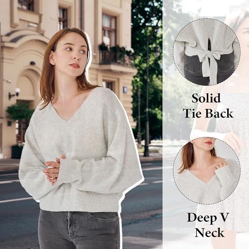 Simple&Opulence Women's Open Back Sweater with Bow Tie Long Sleeve V Neck Backless Drop Shoulder Knit Pullover Sweaters S-XL4