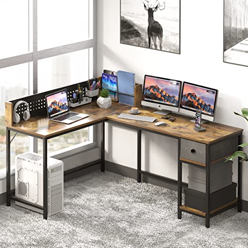 Image of NSdirect Computer Desk,55 inch Home Office Desk with Bookshelf Industrial Study Writing Table with Space Saving Design Modern Simple Style Laptop Table (Rustic Brown)