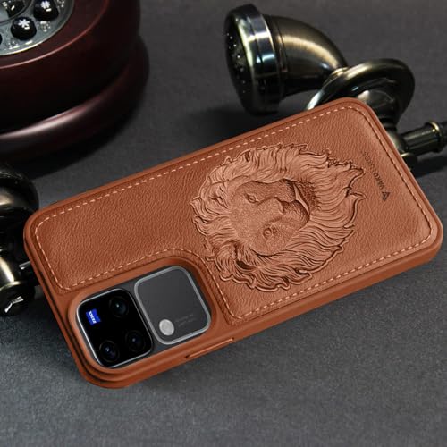 Image of Vaku Luxos️ Lion Embossed Back Cover Case for Vivo V30 5G Premium Leather Stitched Soft Shockproof Protective TPU Phone Case Camera Screen Protector- Brown