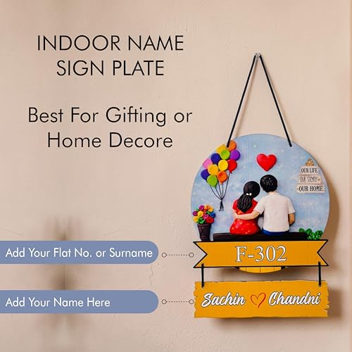 Image of P Arts Personalized Family Name Plate with 3D Illusion UV Print | Customized Wooden MDF Name Board for Indoor Home Entrance | Includes Self-Adhesive Sticky Hook for Easy Installation (Couple Only)