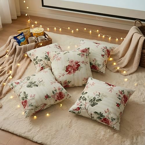 Image of Clasiko Cotton Cushion Covers 16x16 - Set of 5 Decorative Cushion Covers, Warm Rose, Soft Cotton, Hidden Zip, Sofa & Bedroom Decor