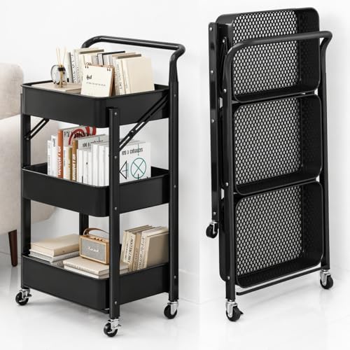 3-Tier Trolley on Wheels Space-Saving Kitchen Trolley Foldable Cart with Metal Frame & Handle Storage Trolley for Small Spaces Vegetable Rack for Kitchen Bathroom Living Room & Studio Black