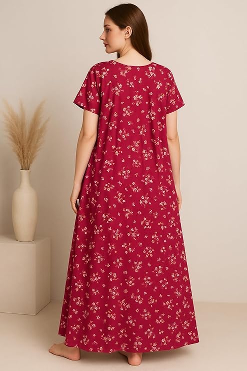 Image of Bahumaan Pure Cotton Nighty for Woman | Floral Gown for Women Nightwear with Pocket | Cotton Nighty for Women Stylish | Maxi for Women Cotton