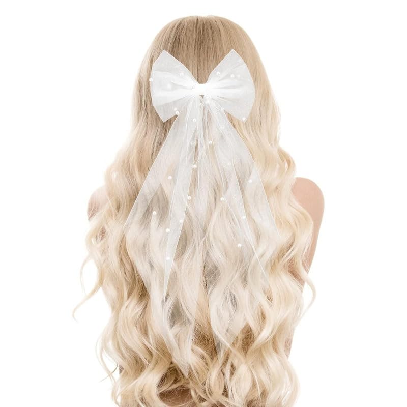 Sponsored Ad - 1 Pcs Luxury Bridal Pearl Hair Bow Veil Bridesmaid Large Hair Bow Wedding Veil with Barrette Bachelorette Party Decorations Bridal Bridesmaid Gift (White)