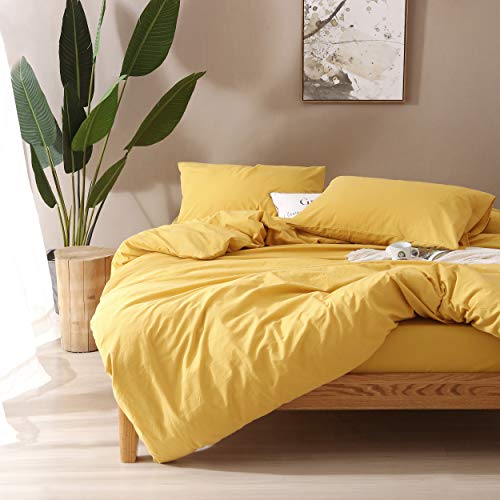 Image of F.Y.Dreams 100% Washed Cotton Duvet Cover for Weighted Blanket 80x87 inches with 16 Ties, Zipper on Long Side /Yellow /Just Duvet Cover