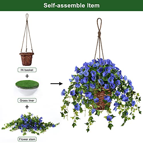 Inqcmy Artificial Hanging Flowers In Basket Outdoor Indoor Patio Lawn Garden Decor, Centerpieces,Fake Silk Hanging Basket Morning Glories Flowers Plants With Coconut Lining Flowerpot (Blue) #TOP4