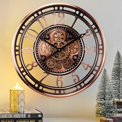 CLXEAST Moving Gear Wall Clock for Modern Farmhouse Living Room Decor,Large Industrial Steampunk Wall Clock,Metal Wall Clock Decorative for Home Office, Dinning Room,Copper (21 Inch) Cover