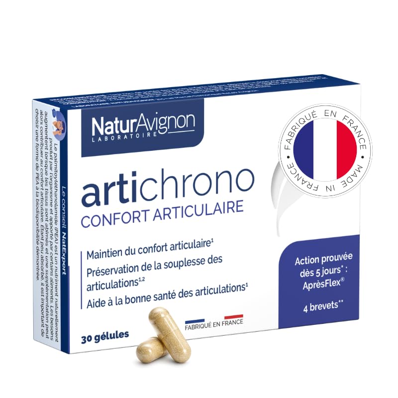 Artichrono | articulation | réduction des gênes à partir de 5 jours | action rapide | boswellia | PEA | Vitamine C | 4 brevets | Fabriqué en France | 30 gélules | Laboratoire NaturAvignon