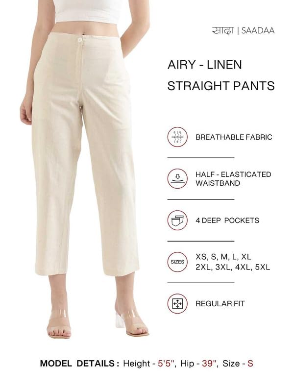 Image of SAADAA Women's Airy Linen Straight Pants | Regular Fit Trousers | Half Elasticated with Drawstrings & Buttons | 4 Pockets | Everyday & Office Wear