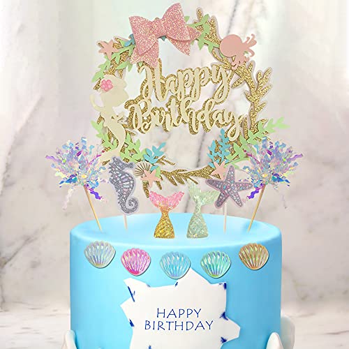34Pcs Mermaid Cake Topper Kit With Mermaid Theme Birthday Cake Topper, Starfish Conch Seahorse Shell And Glitter Seaweed Decoration For Birthday Party, Baby Shower, Wedding Mermaid Party Supplies #TOP3