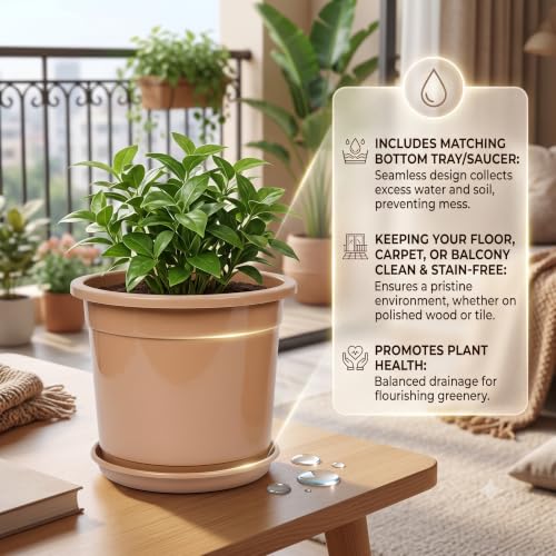 Image of 12 Inch Glossy Dune Beige Plastic Planter with Bottom Plate | Heavy Duty Flower Pot with Tray for Indoor Home Decor, Balcony, Living Room & Outdoor Garden (3 Pot, Dune Beige)