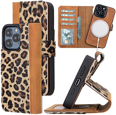 Bayelon iPhone 13 Pro Case, Full Grain Leather Wallet Case, Detachable Magnetic Phone Wallet, Flip Cover with Card Slots, Kickstand, Case for iPhone 13 Pro Compatible with MagSafe (Leopard Pattern)
