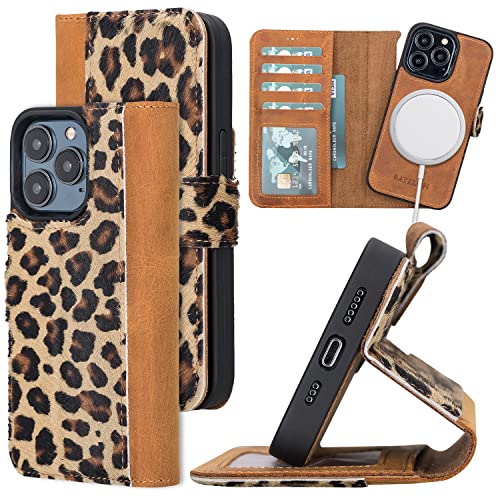 Bayelon Iphone 13 Pro Case, Full Grain Leather Wallet Case, Detachable Magnetic Phone Wallet, Flip Cover With Card Slots, Kickstand, Case For Iphone 13 Pro Compatible With Magsafe (Leopard Pattern) #TOP14