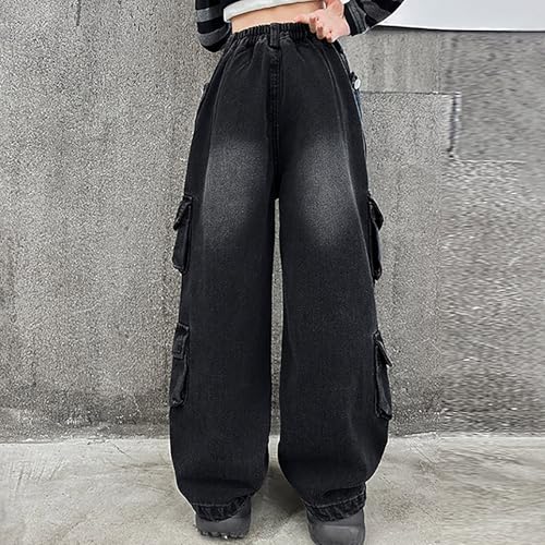 Girls Baggy Jeans Cargo Pants Denim Streetwear High Waist Wide Leg Jeans with Pockets2