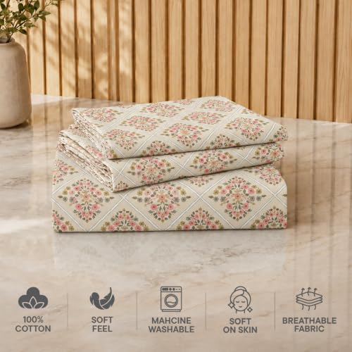 Image of Welspun Zen Microfiber Floral Double Bedsheet with 2 Pillow Covers | Percale Bed Sheet | Skin Safe, Breathable & Easy Care Bedding Set | Gift Set | Beige | 220 x 240 Cm