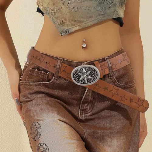 Tgirls Western Belt Vintage Star Leather Belt for Jeans Butterfuly Buckle Cowgirl Cowboy Waist Belts2
