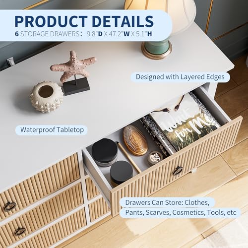 GAOMON 6 Drawer Dressers for Bedroom, Modern Long Dresser Chest with Large Drawer, Waveform Fluted Panel Design, Wooden Chest of Dresser Storage Cabinet Organizer, Antique Profile, Anti-Tipping