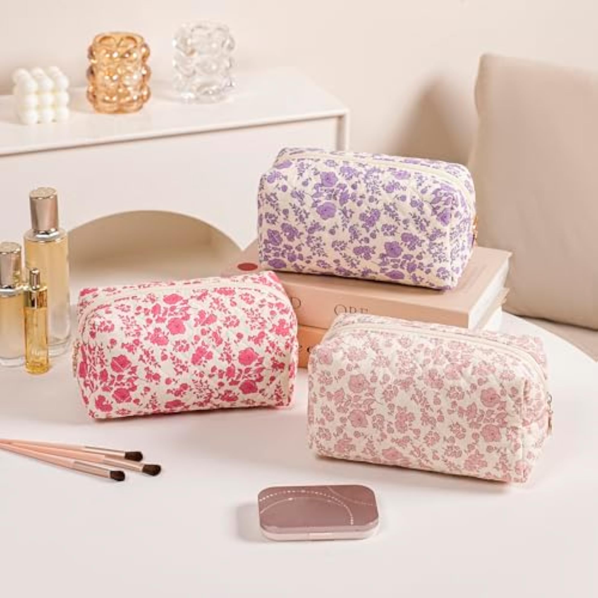 Small Quilted Floral Makeup Bag, Travel Toiletry Pouch