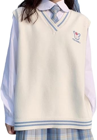 Women Kawaii Bunny Classic Japanese Sweater Vest V Neck Sleeveless Cute Preppy Vintage Knit Tank Top Teen Girl JK Y2K
