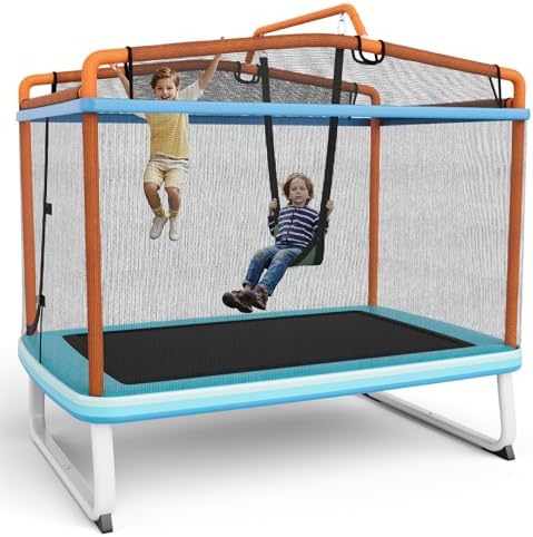 KOTEK Toddler Trampoline, 6.5 Ft Rectangle Recreational Trampolines with Safety Enclosure Net, Horizontal Bar & Swing, ASTM Approved, Outdoor Indoor Trampoline for Kids Age 3+