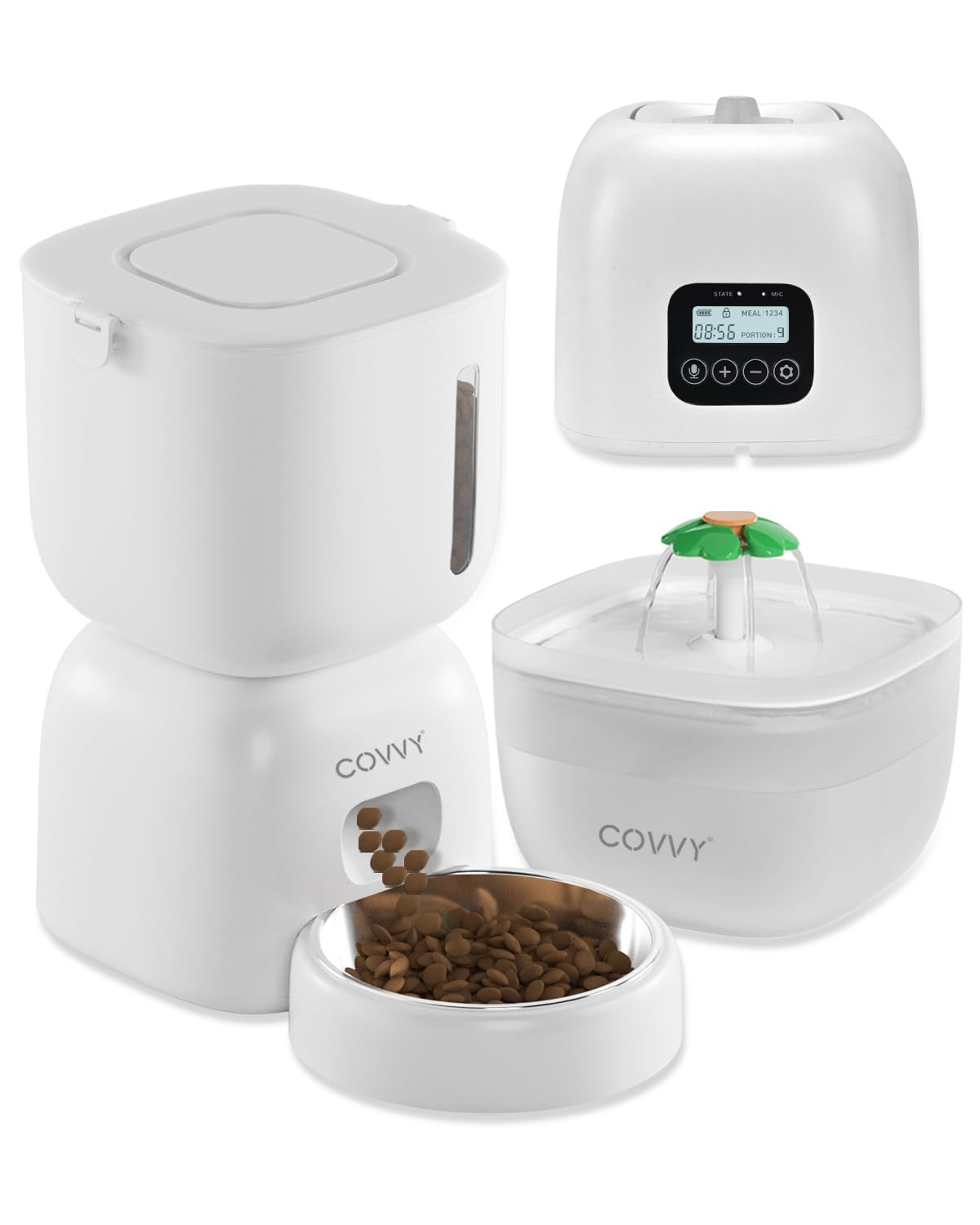 Automatic Pet Feeder and Water Dispenser, LCD Screen Timer for Cats & Dogs, Locking Lid, 1-4 Meal Portions, Dual Power, Voice Recorder