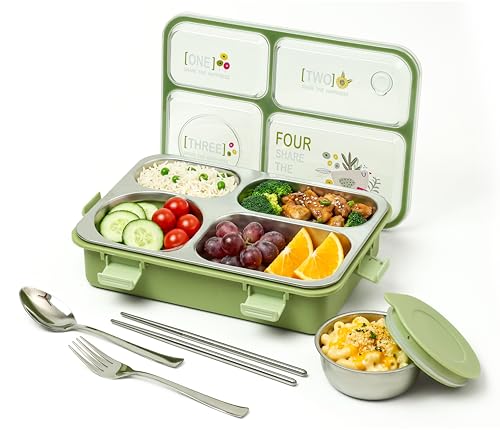 Image of Brand Conquer Lunch Box Leak-Proof BPA Free Stainless Steel for School, Lunch Box for School & Office with a Fork, a Spoon and a Pair of Chopsticks (Classic Green, Happiness 4 Compartment)