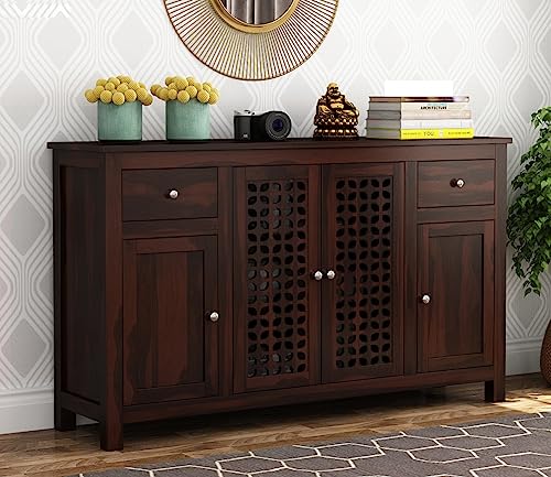 Image of Solid Sheesham Wood Wooden Sideboard Storage Cabinet : Ideal for Living Room and Bedroom with 2 Drawers and 7-Shelf Storage (Mendes, Walnut Finish)