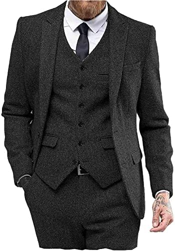 Mens Tweed Herringbone Wedding Suit Prom Tuxedos 3 Piece Peak Lapel Dress (36,Black)