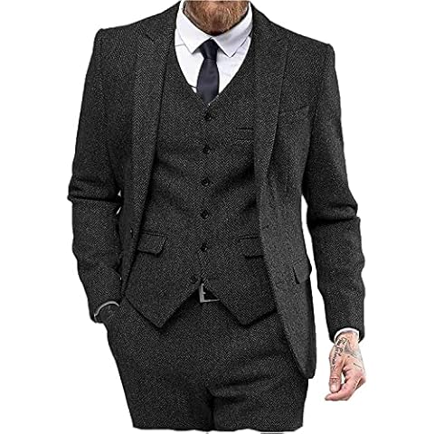 Mens Tweed Herringbone Wedding Suit Prom Tuxedos 3 Piece Peak Lapel Dress Cover